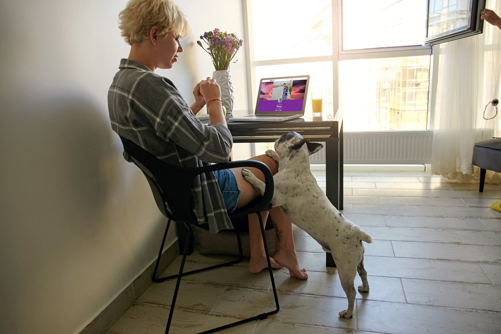 woman with laptop and doggie